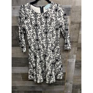 Skies Are Blue Dress Small Black Velvet Paisley On Ivory Mini Flare 3/4 Sleeves